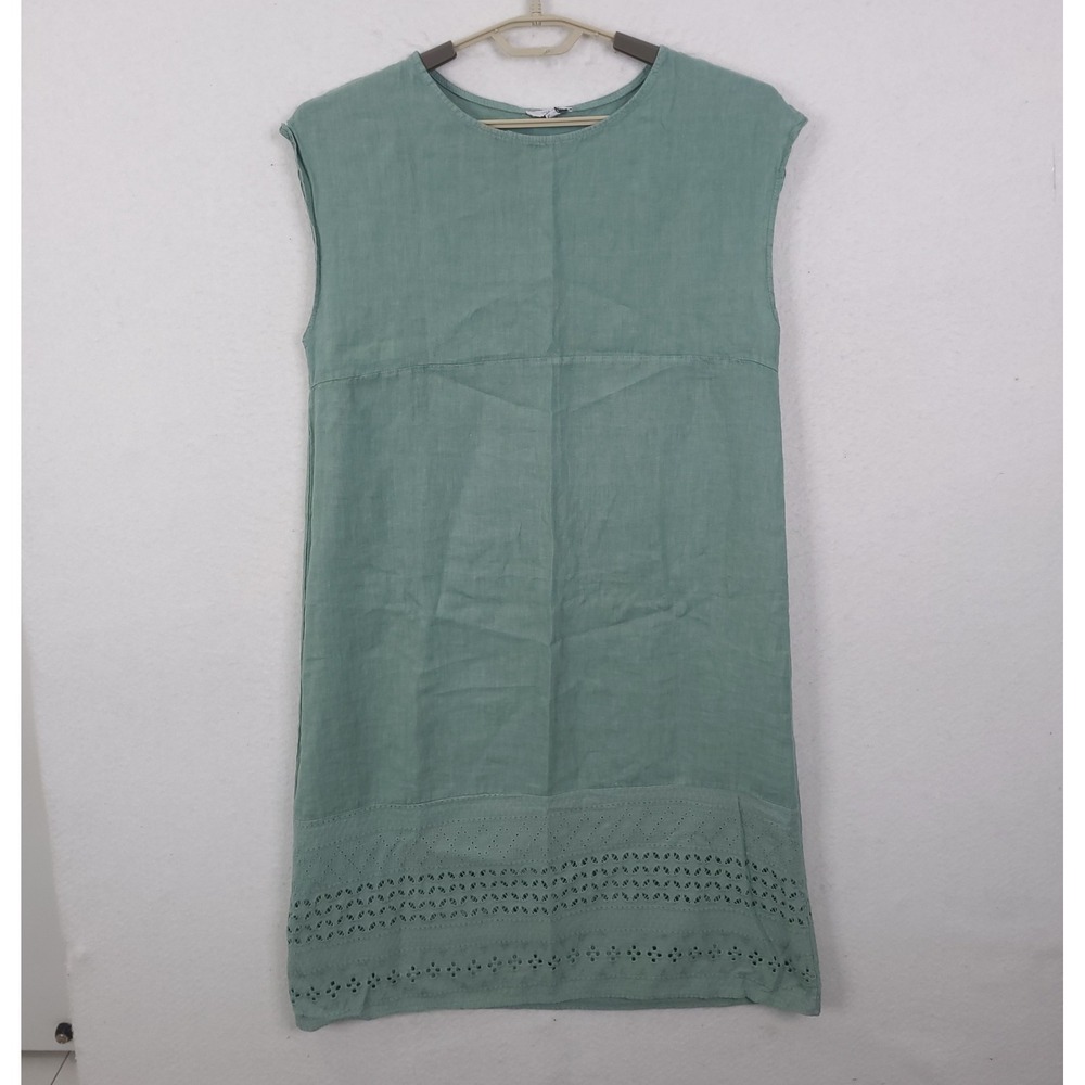 Vanessa Zani Linen Shift Dress Women Medium Sage Green Eyelet Lace Made in Italy
